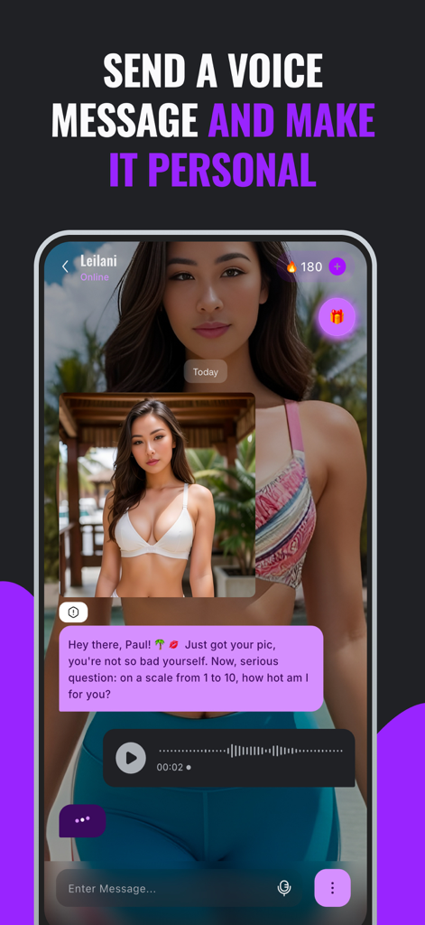 Uma captura de tela do aplicativo de namoro IA Flamify mostrando uma interface de chat com um personagem de IA e um recurso de mensagem de voz