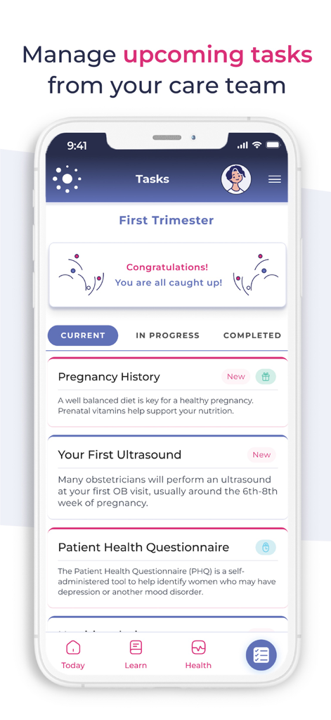 Babyscripts myJourney - Écran de l'application Babyscripts myJourney affichant les tâches du premier trimestre et les rappels de l'équipe de soins