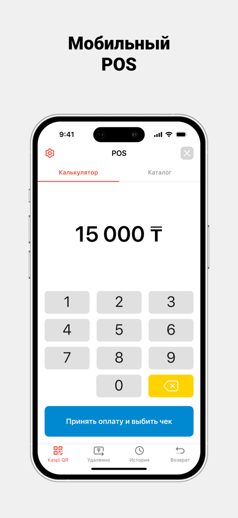 Kaspi Pay app interface showing the Mobile POS feature with a numeric keypad and payment acceptance screen