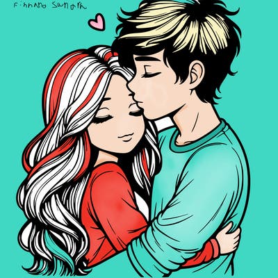 a realistic couple boy and girl hugging and kissing