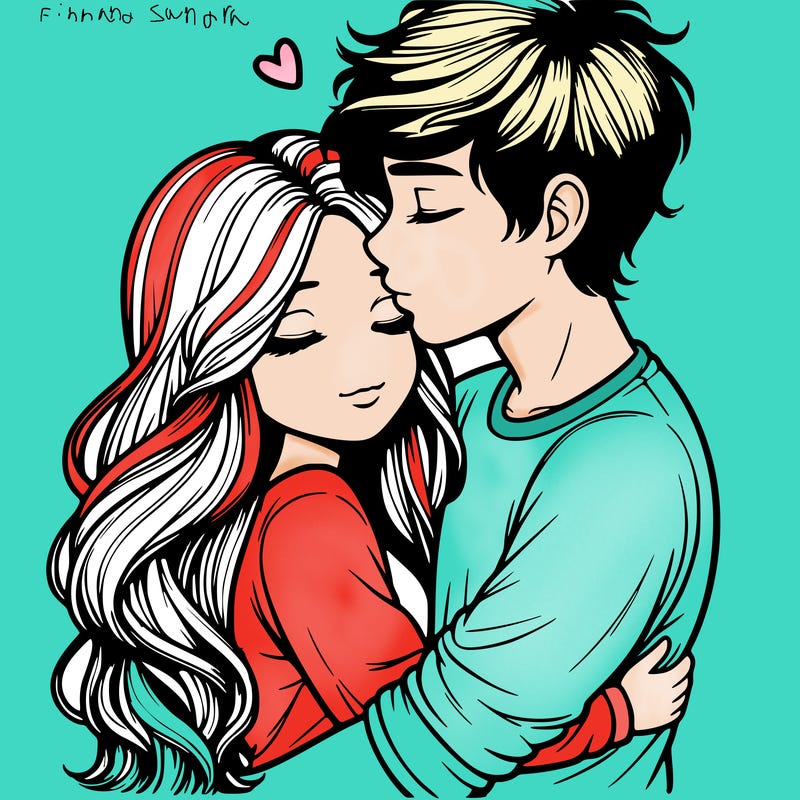 a realistic couple boy and girl hugging and kissing