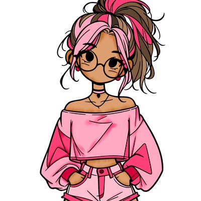 girl with a messy ponytail glasses a baggy crop top and jean shorts