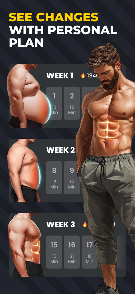 Six Pack in 30 Days - 6 Pack - Body transformation progress showing weight loss and ab definition over three weeks