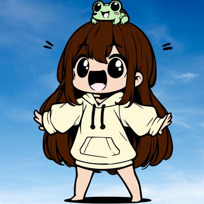 a excited chibi girl whith long hair and a baggy shirt whith a frog on there head