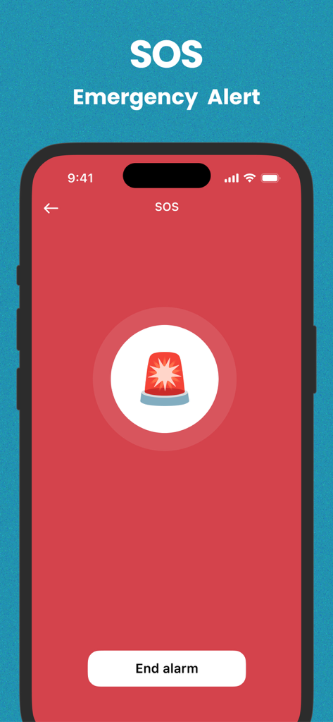 AI Cleaner - Free up Storage - Smartphone screen showing the active SOS Emergency Alert feature in the AI Cleaner app with a red siren icon