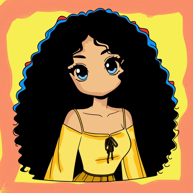 a black anime girl with long afro hair