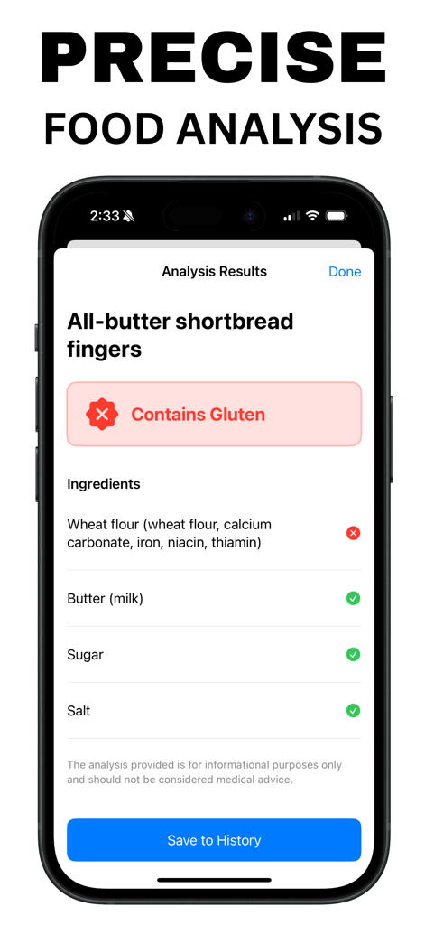 Gluten Free Scanner Pro - Interface of Gluten Free Scanner Pro app showing food analysis results for shortbread fingers with gluten warning and ingredient breakdown.