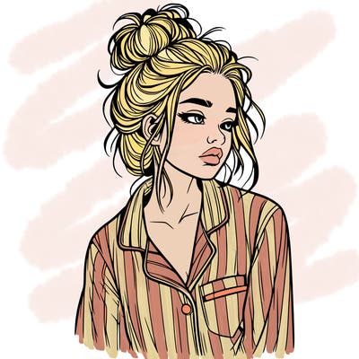 realistic woman with pajamas on and a messy bun