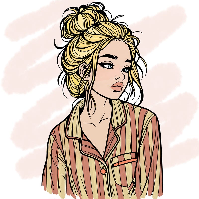 realistic woman with pajamas on and a messy bun