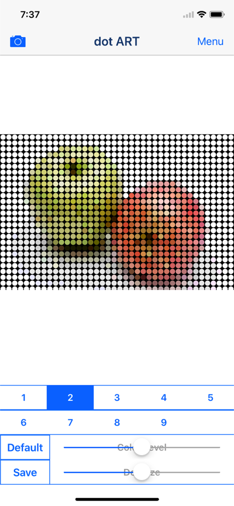 dot ART - Mosaic Effects App - Mobile app interface showing a dot art mosaic effect applied to a photo of apples with adjustable sliders for color and size