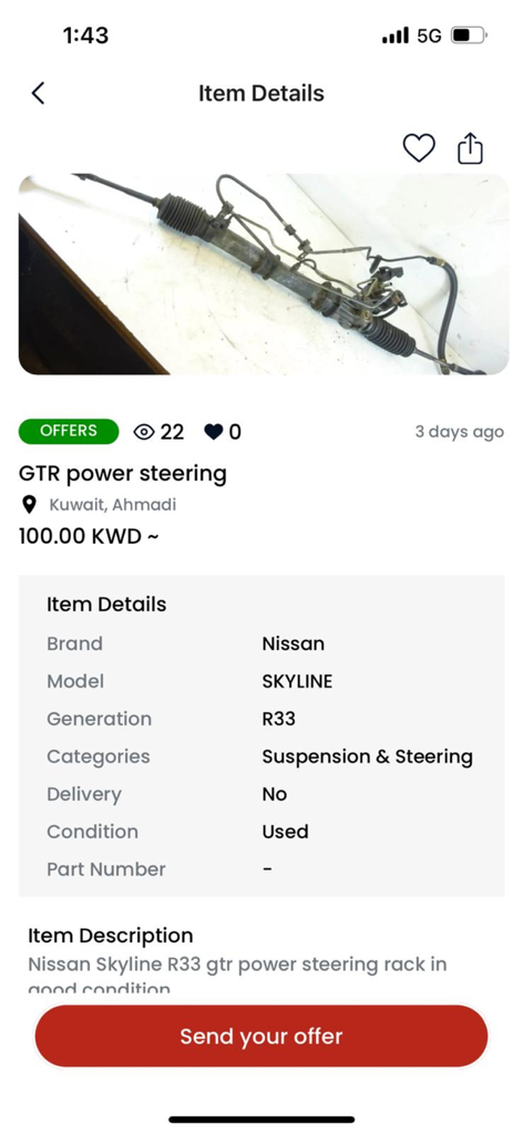 A car part listing for a Nissan Skyline power steering rack on the Rev Automotive app
