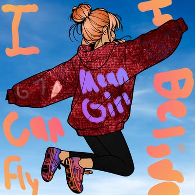 realistic girl jumping with a bun and oversized sweatshirt