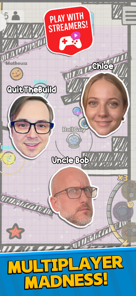 Ball Guys : Stumble & Fall - Capture d'écran du gameplay multijoueur de Ball Guys montrant des avatars de streamers et le texte "Multiplayer Madness".