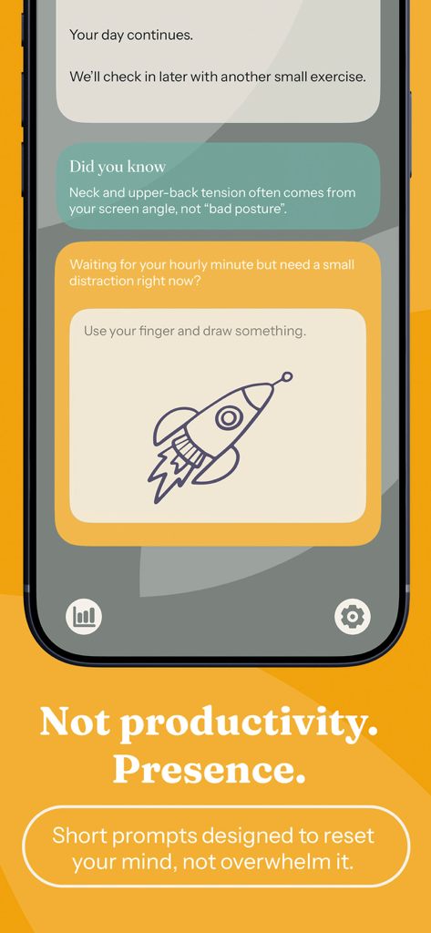 Dailyft – One Minute Better - 1분간의 정신 재설정을 위한 그림 연습 및 웰니스 팁을 보여주는 Dailyft 앱 인터페이스