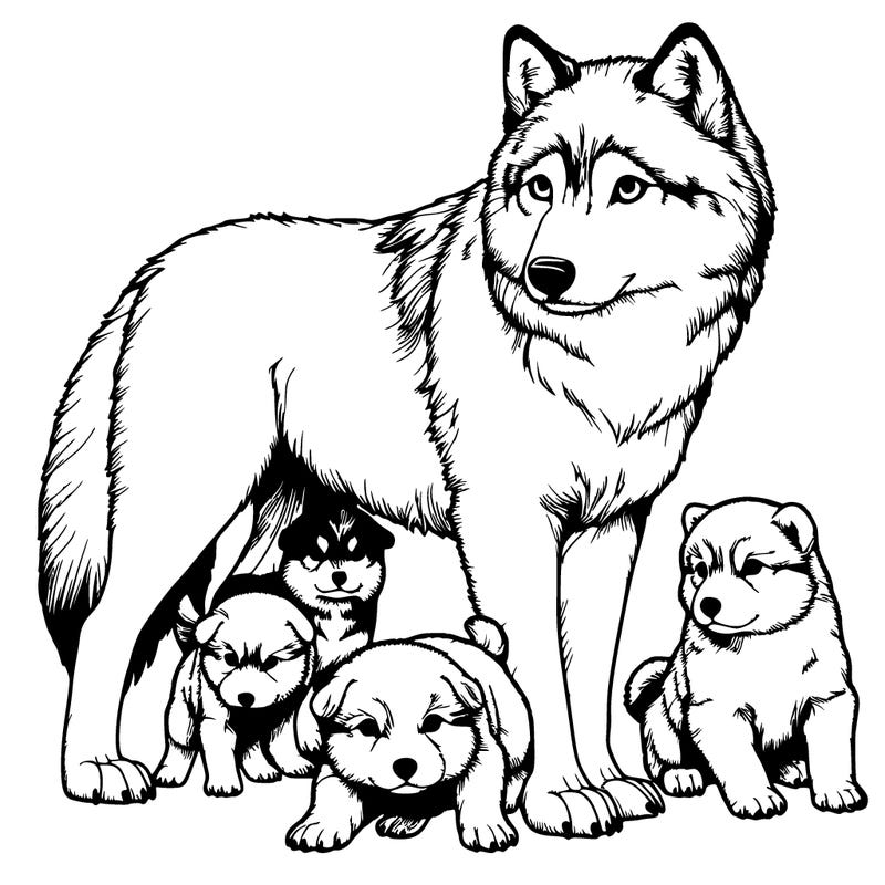 realistic wolf with realistic puppy’s