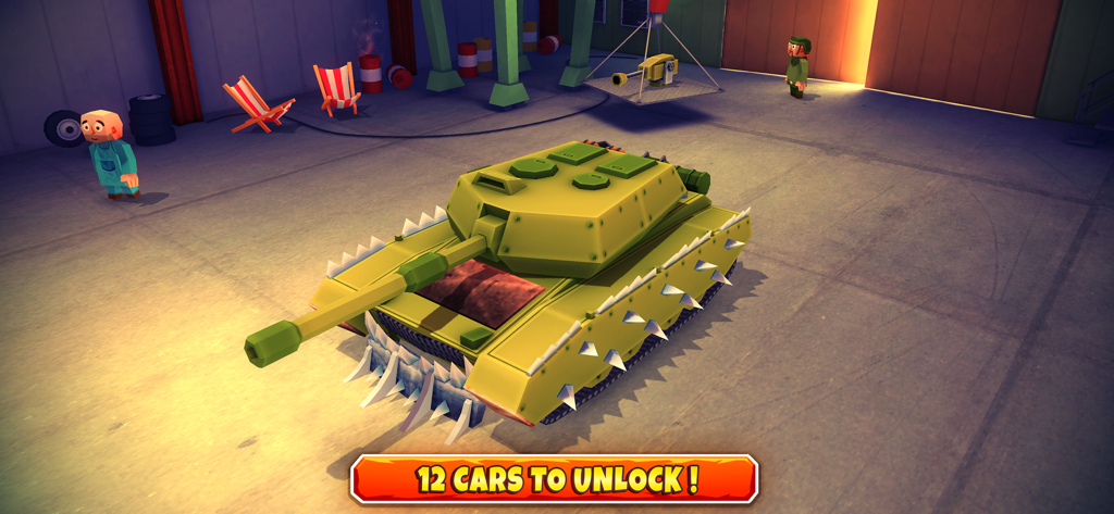 Zombie Safari - A yellow armored tank with metal spikes in a garage from the Zombie Safari mobile game