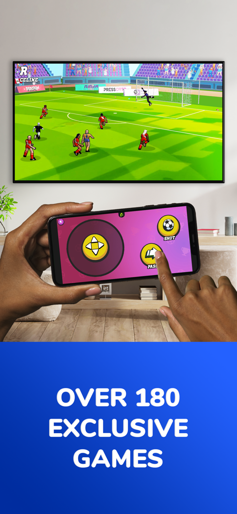 A person using a smartphone as a game controller to play a soccer match on a TV screen.