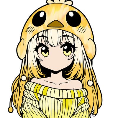 anime girl with chick shaped hat with sweater with bare shoulders with bangs covering them one eye with low tail