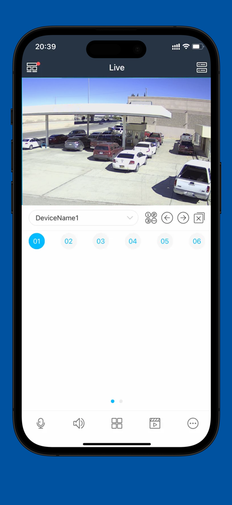 e-Connect App - Feed en vivo de cámara de seguridad de un estacionamiento en la app e-Connect