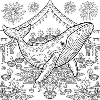 Discover a truly unique coloring experience with our Gray Whale Diwali page, blending marine majesty with vibrant festival traditions. Immerse yourself in intricate rangoli, luminous diyas, and celebratory fireworks, all waiting for your creative touch.