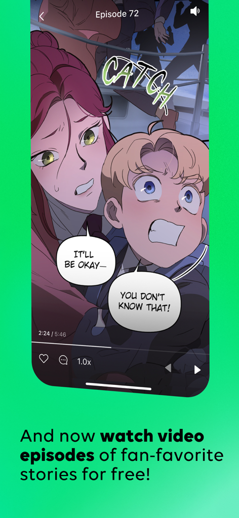 WEBTOON: Manga, Comics, Manhwa - A smartphone screen showing a video episode of a webtoon with character dialogue and media controls.