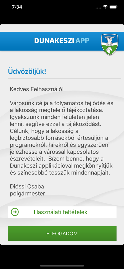 Welcome screen of Dunakeszi IntermApp with a message from the mayor in Hungarian