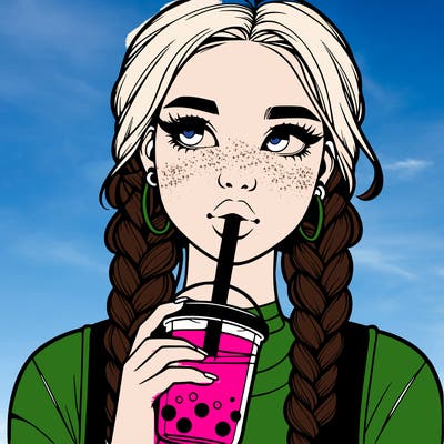 realistic girl with braided hair drinking boba