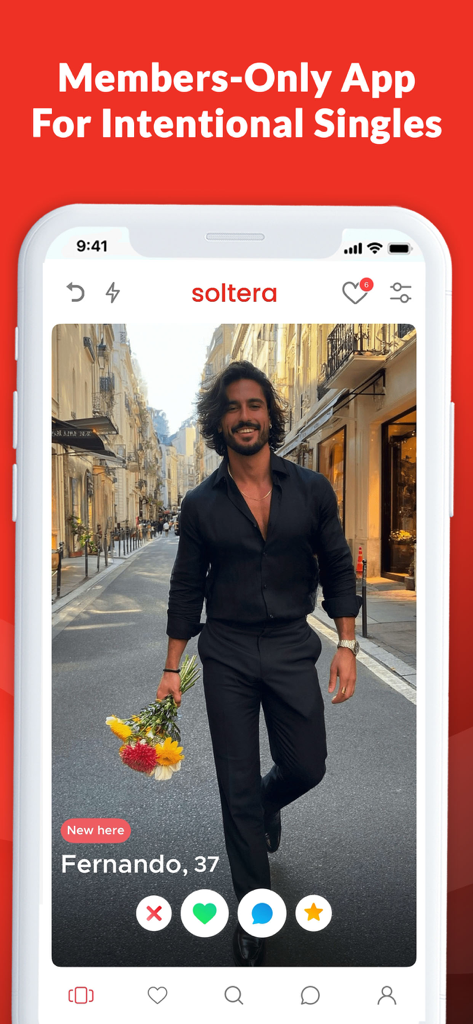 A screenshot of the Soltera app interface displaying a high-quality male profile with the header Members-Only App For Intentional Singles
