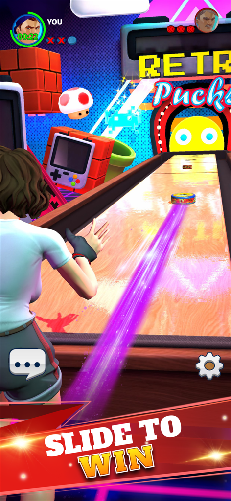 Un personaje deslizando un disco en una partida de shuffleboard con temática retro, luces de neón y elementos de arcade