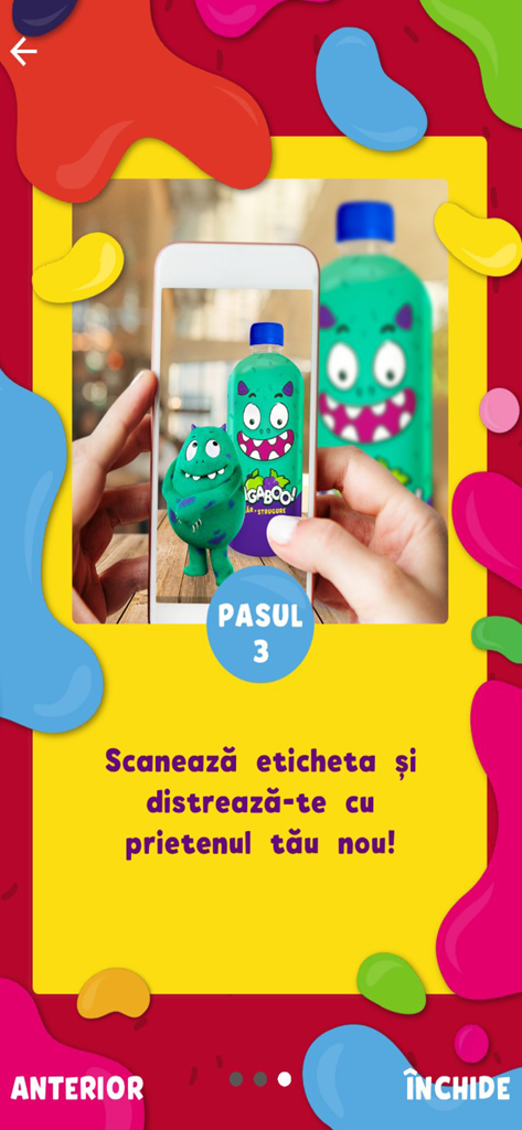 A smartphone scanning a Bagaboo bottle label to reveal a 3D augmented reality monster character