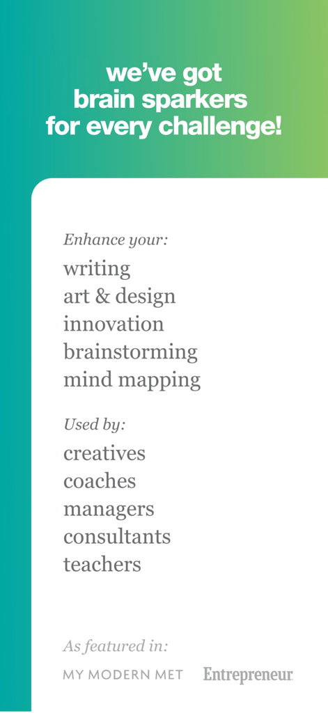 Brainsparker Creativity Coach - A list of creative skills enhanced by the Brainsparker app including writing and innovation alongside a list of user types such as creatives and coaches