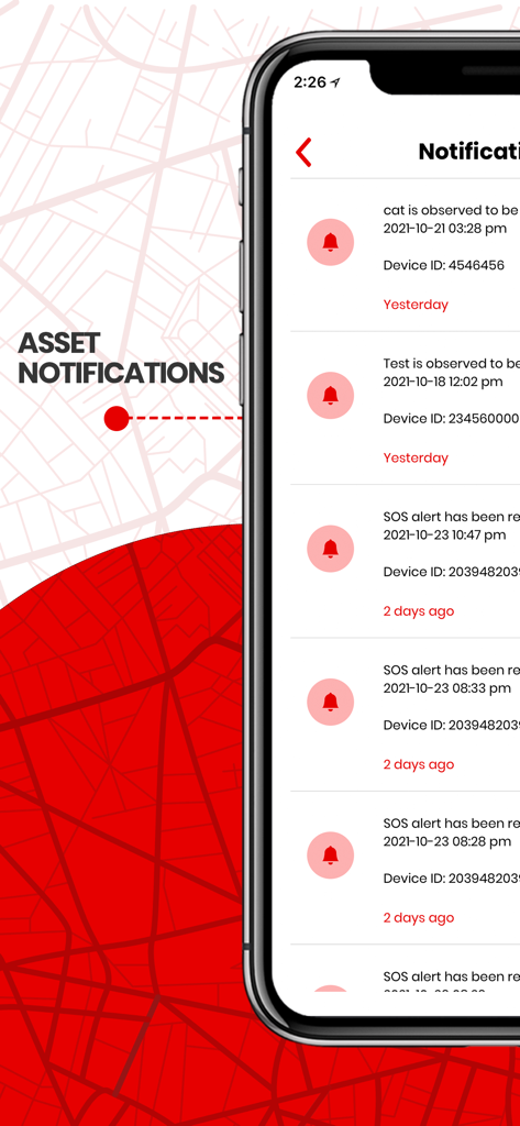 Vodafone Smart Tracker - Schermata delle notifiche dell'app Vodafone Smart Tracker che mostra avvisi SOS e cronologia della posizione degli asset su un iPhone