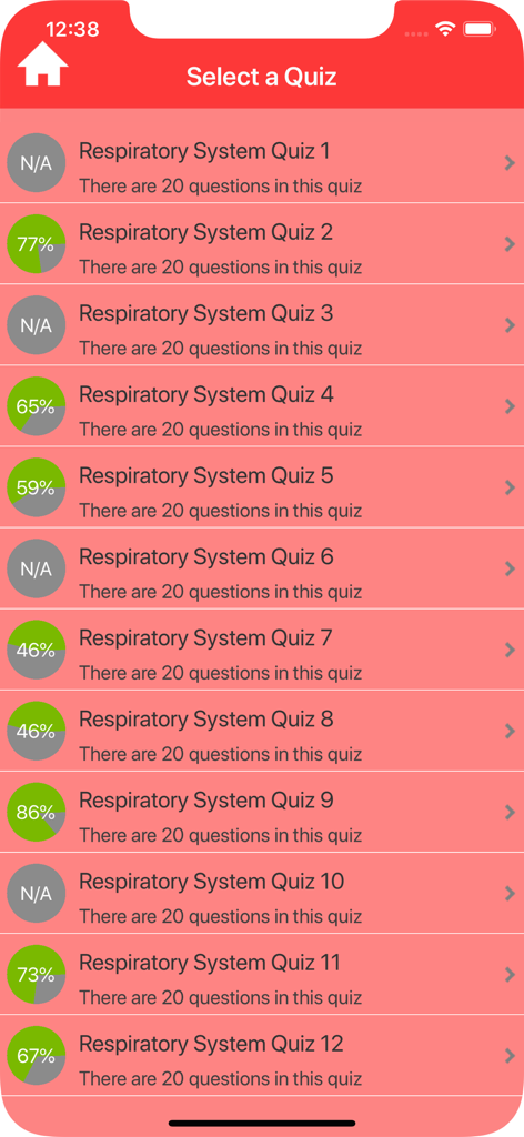 Respiratory System Trivia - Auswahlbildschirm mit verschiedenen Quizzen zum Atemwegssystem und abgeschlossenen Bewertungen