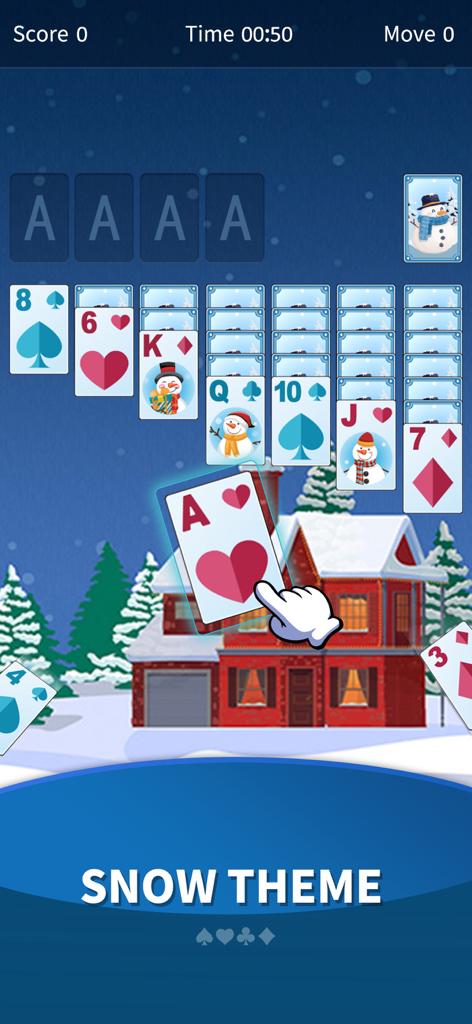 Juego de cartas de solitario clásico con un tema de nieve invernal que presenta un fondo de casa nevada y diseños de cartas de muñeco de nieve.