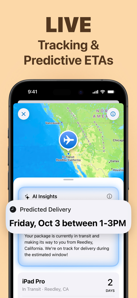 Smartphone display showing live package tracking on a map and AI-powered delivery predictions