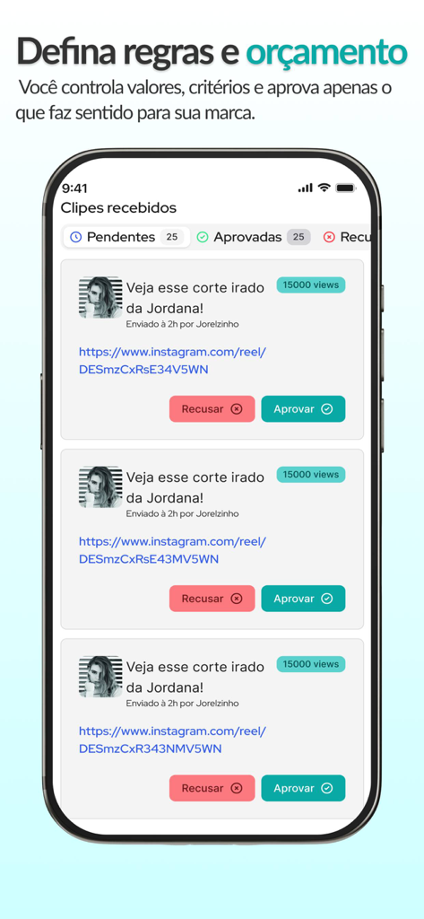 Interfaz de la aplicación Keoto que muestra una lista de clips de vídeo recibidos con opciones de aprobar y rechazar para creadores de contenido y marcas.