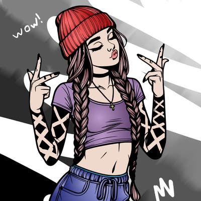 realistic teenage girl with braids and a beanie and crop top doing 🫶🏼