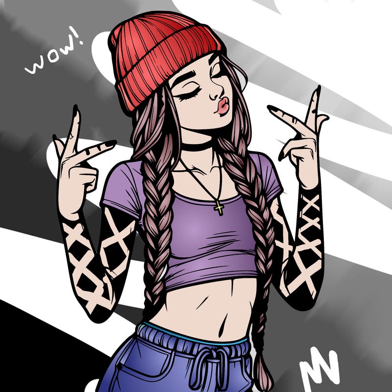 realistic teenage girl with braids and a beanie and crop top doing 🫶🏼