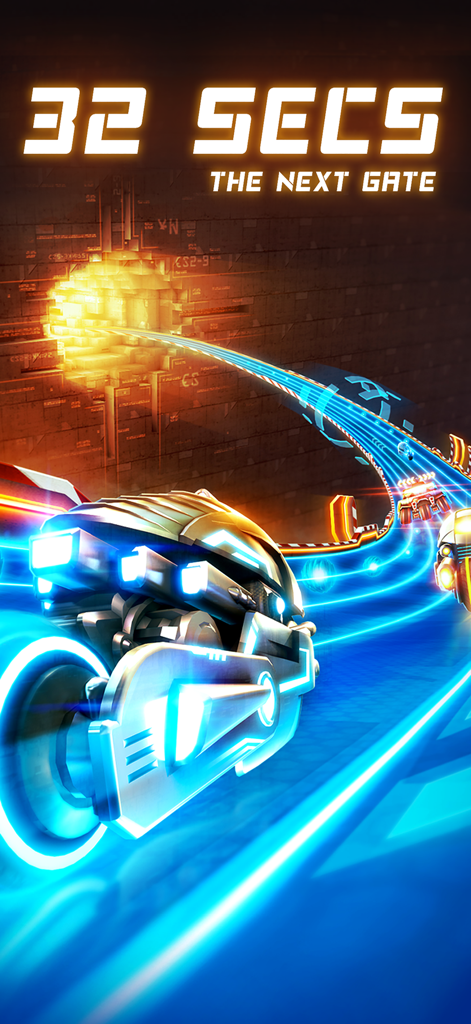 Ein futuristisches Neon-Motorrad bei einem Hochgeschwindigkeitsrennen auf einem Sci-Fi-Highway in 32 Secs Traffic Rider