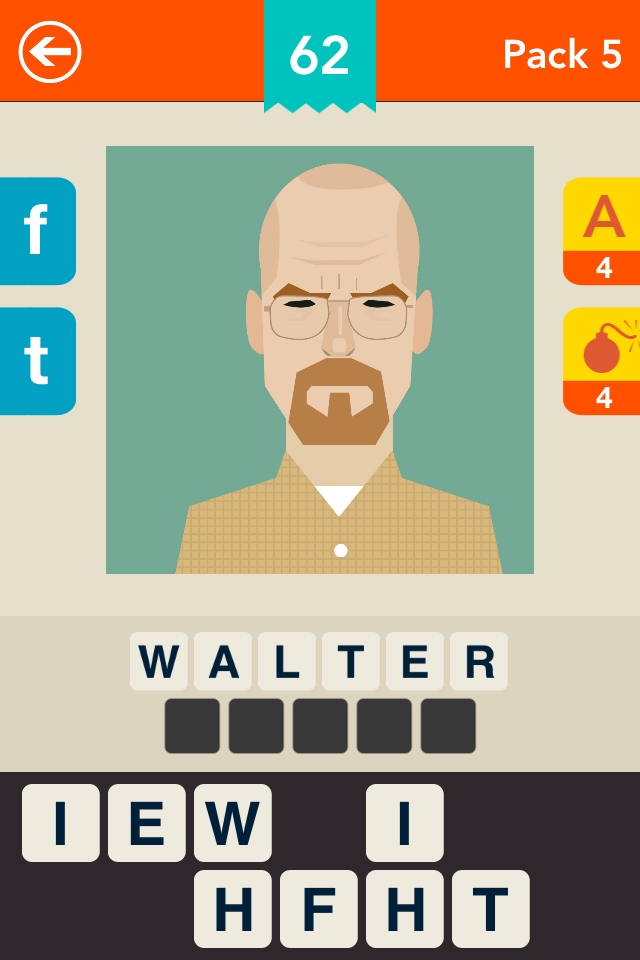 Guess the Character! ~ Free Icon Quiz - ブレイキング・バッドのウォルター・ホワイトのミニマルなイラストを表示する、キャラクターを当てよう！のゲームプレイ画面