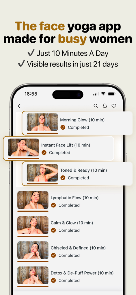 Le Glow Studio - Le Glow Studio app interface showing a list of 10 minute face yoga and massage tutorials for busy women.