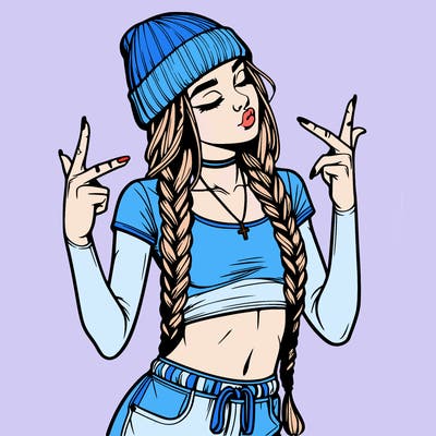 realistic teenage girl with braids and a beanie and crop top doing 🫶🏼