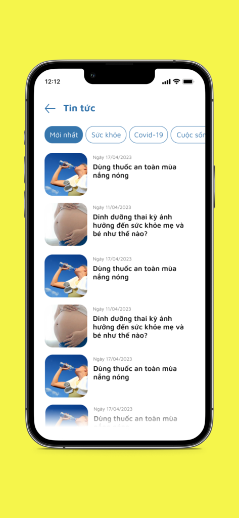DYM Medical - Ein Nachrichten-Feed in der DYM Medical App mit Artikeln über Gesundheit und Schwangerschaft.