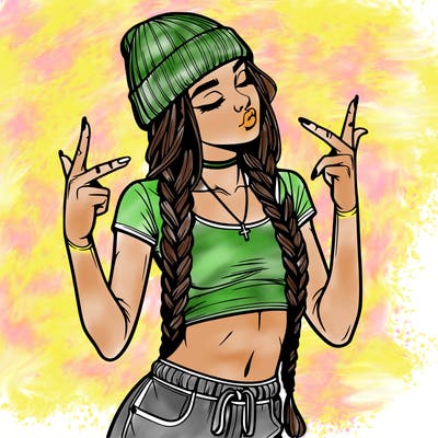 realistic teenage girl with braids and a beanie and crop top doing 🫶🏼