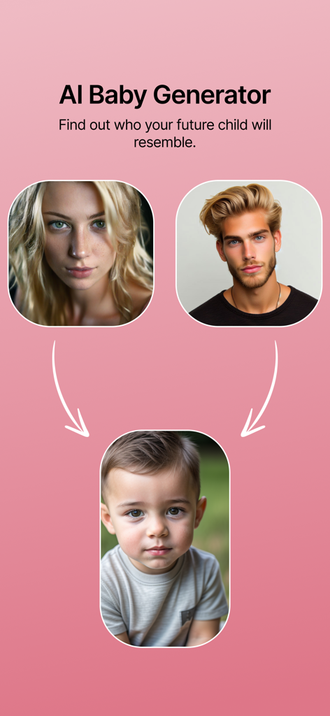 AI Baby Generator: FutureBaby - AI Baby Generator app screen showing two parents photos creating a future child prediction