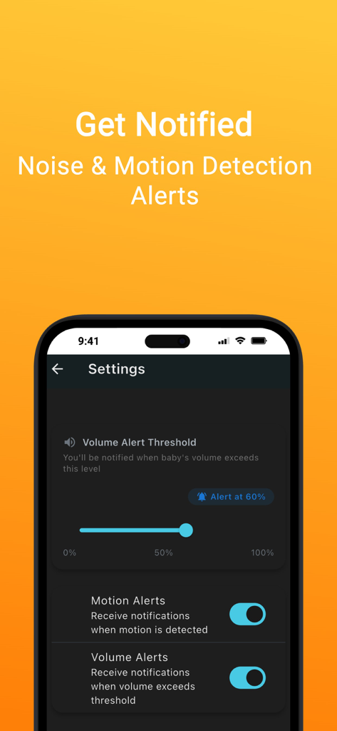 Infantalk Monitor - Infantalk Monitor app settings screen showing noise and motion detection alert toggles and volume threshold slider