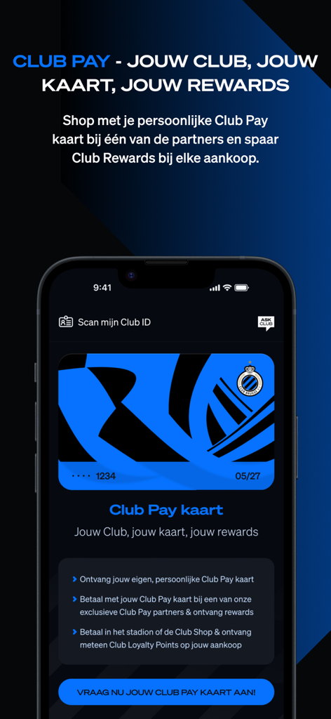 Club Brugge - Um smartphone exibindo o cartão digital Club Pay e o programa de recompensas no aplicativo do Club Brugge