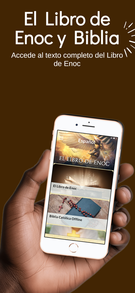 El Libro de Enoc y Biblia - Mano sosteniendo un smartphone mostrando la interfaz de la aplicación El Libro de Enoc y Biblia