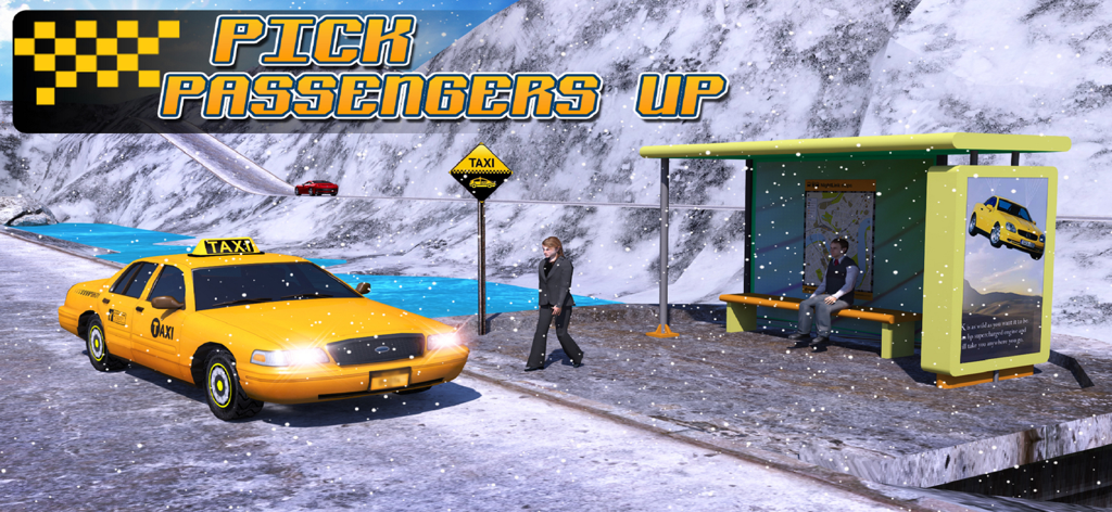 Taxi Driver 3D : Hill Station - Yellow taxi cab picking up passengers at a snowy mountain bus stop