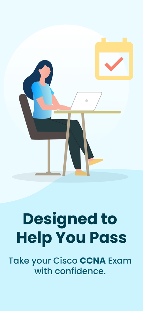 CCNA Practice Tests 2026 - Ilustração de uma pessoa estudando em um laptop com texto promovendo o sucesso no exame Cisco CCNA
